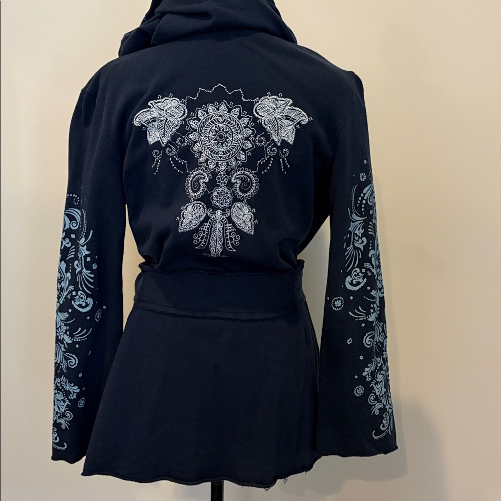 Navy Cotton Wrap Sweater Embroidered Garment - S - Picture 2 of 8